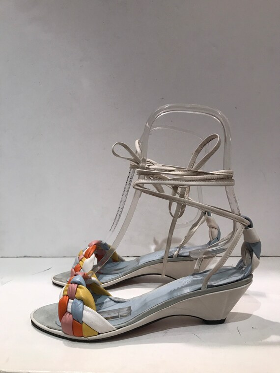 Vintage Compensated Sandals in Multicolored Braid… - image 1