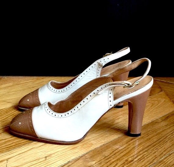 Vintage pumps rear flange brown and white - round… - image 1