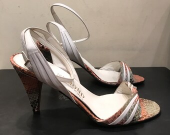 Vintage sandals in multi python and white leather, made in Italy/ size 36 UK 3 US 5 / high heels