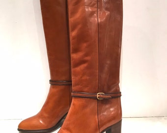 So funky vintage Bottes droites en cuir cognac /talons hauts/vintage années 70 /100% cuir/taille 34,5 US 3.5 UK 1.5