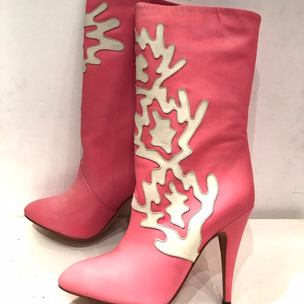 Vintage pink and white soft leather boots/80's/Size EU 37.5 US 6.5 UK 4.5/Made in Italy/100% leather/new/ high heels
