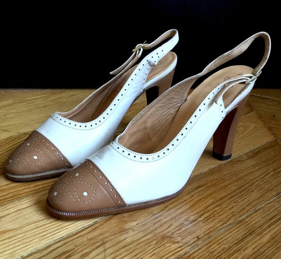 Vintage pumps rear flange brown and white - round… - image 2