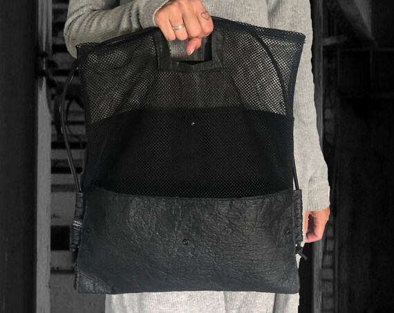 INSIDE the Bag made of PINATEX® with shopping net inside minimalist design black gift for women ∣BAG#112