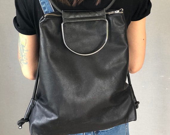 Black leather backpack handbag black with elegant strap gift for women ∣BAG#24