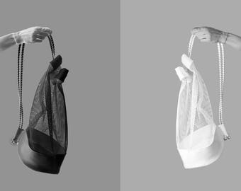 Designer bag "ROUND" net + artificial leather white or black ∣BAG#100