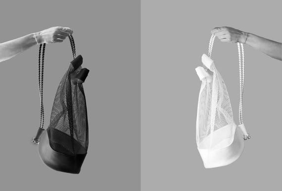 Designer bag "ROUND" net + artificial leather white or black ∣BAG#100