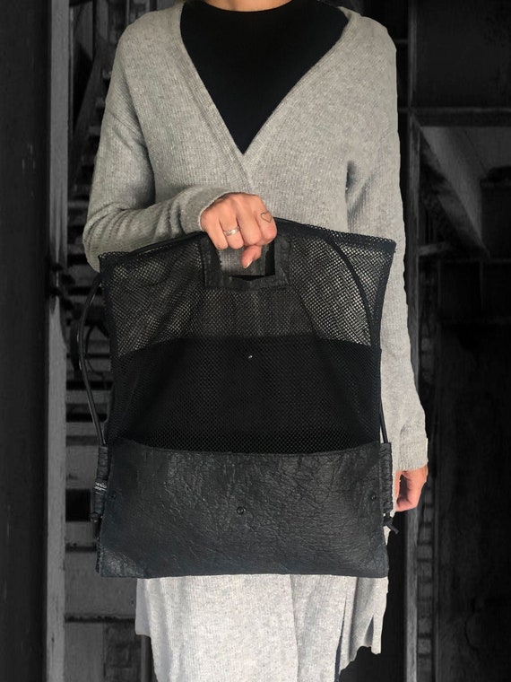 INSIDE the Bag made of PINATEX® with shopping net inside minimalist design black gift for women ∣BAG#112