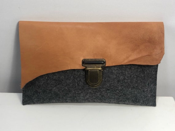 Clutch gray 100% wool felt with leather flap -06 different designs