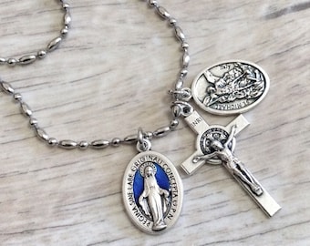 Catholic Necklace Saint Medal St Michael Archangel / Guardian Angel Benedictine Crucifix Miraculous Medal Protection from evil necklace