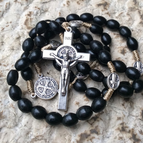 St Benedict rosary, Wooden rosary, Catholic Rosary, Wooden prayer beads, mens rosary, wooden Rosary, Black rosary, RCIA gift