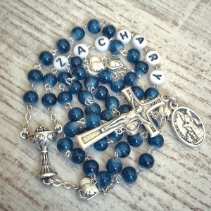 Personalized First Communion Rosary in Dark Blue and Silver Boy Catholic Baptism, Confirmation Gift Male Gift Rosary with name image 1