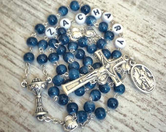 Personalized First Communion Rosary in Dark Blue and Silver Boy - Catholic Baptism, Confirmation Gift - Male Gift Rosary with name