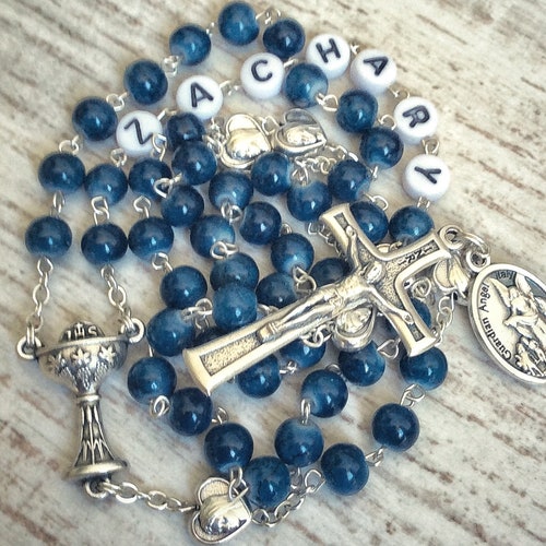 First Holy Communion Personalized Rosary Beads Dark Blue 