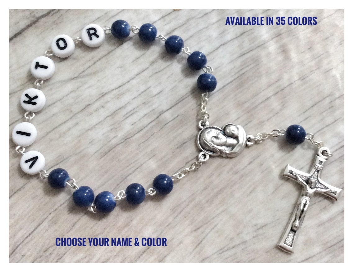 Personalized rosary Rosary with name in Blue Baptism First Etsy