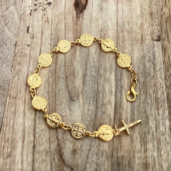 St Benedict Gold Medal Link Bracelet Saint Benedict Bracelet