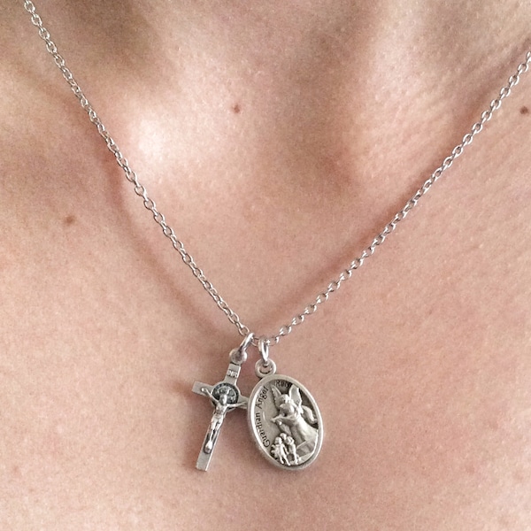 Dainty Cross Necklace - St Michael/Guardian Angel Medal - Holy Communion Gift - Catholic Child Gift - Tiny Cross Necklace