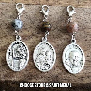 Rosary marker, Gemstone Catholic Medals Keychain Gadgets ,Lobster Clasp with Pendant, St Michael Guardian Angel, St Anthony, St Rita,