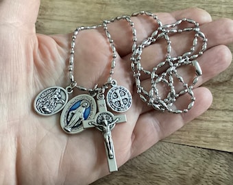 Protection from evil necklace, Catholic Saint Pendant Necklace, Blue Miraculous medal, Catholic Jewelry, St Michael, St benedict cross