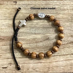 Men’s or Boy Catholic Rosary Bracelet for Him, Wood bead rosary, St Joseph, Padre pio, St Michael, St Gerard, Miraculous medal