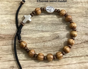 Men’s or Boy Catholic Rosary Bracelet for Him, Wood bead rosary, St Joseph, Padre pio, St Michael, St Gerard, Miraculous medal