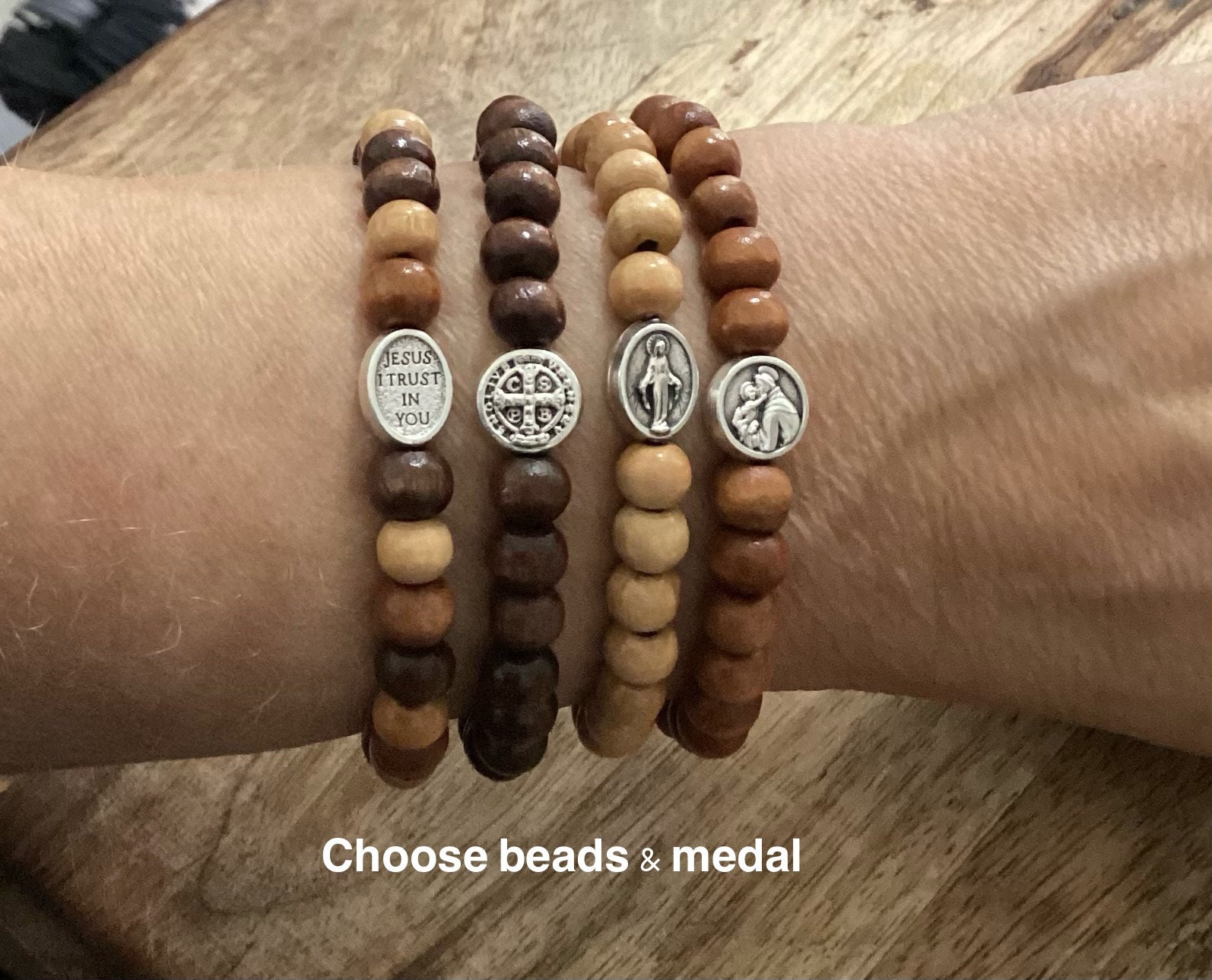 Catholic Wood Beaded Bracelet, Catholic Gifts For Adults and Kids Adjustable, Carlo Acutis, St Gerard, St Joseph, St Michael
