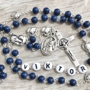 Personalized First Communion Rosary in Dark Blue and Silver Boy - Catholic Baptism, Confirmation Gift - Male Gift Rosary with name