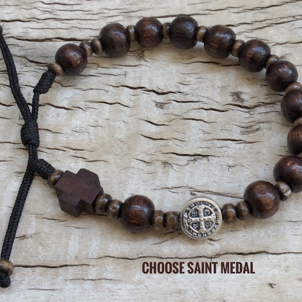 Men's or boy Catholic rosary bracelet for him, Wood bead rosary,  wooden cross, St Joseph, St Michael, Miraculous medal, St Gerard