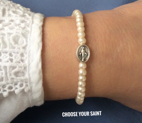 St Christopher Rosary Bracelet Handcrafted in White Mother of Pearl 