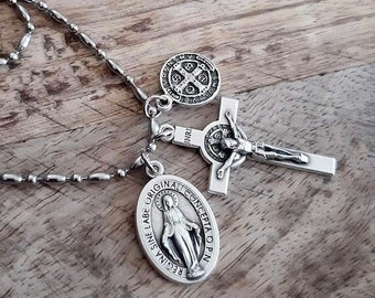 Protection from evil necklace, Catholic Saint Pendant Necklace Religious Gifts for Him/Her, Catholic Jewelry, Miraculous medal, Virgin Mary