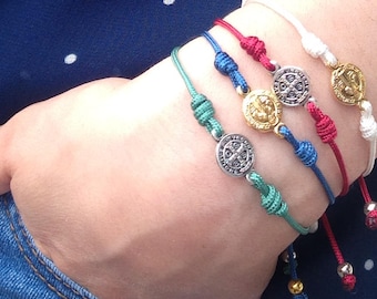 St Benedict blessing bracelet, Catholic bracelet, Cord cross bracelet, Saint Benedict Devotional medal,Catholic wristbands / Thelightjewelry