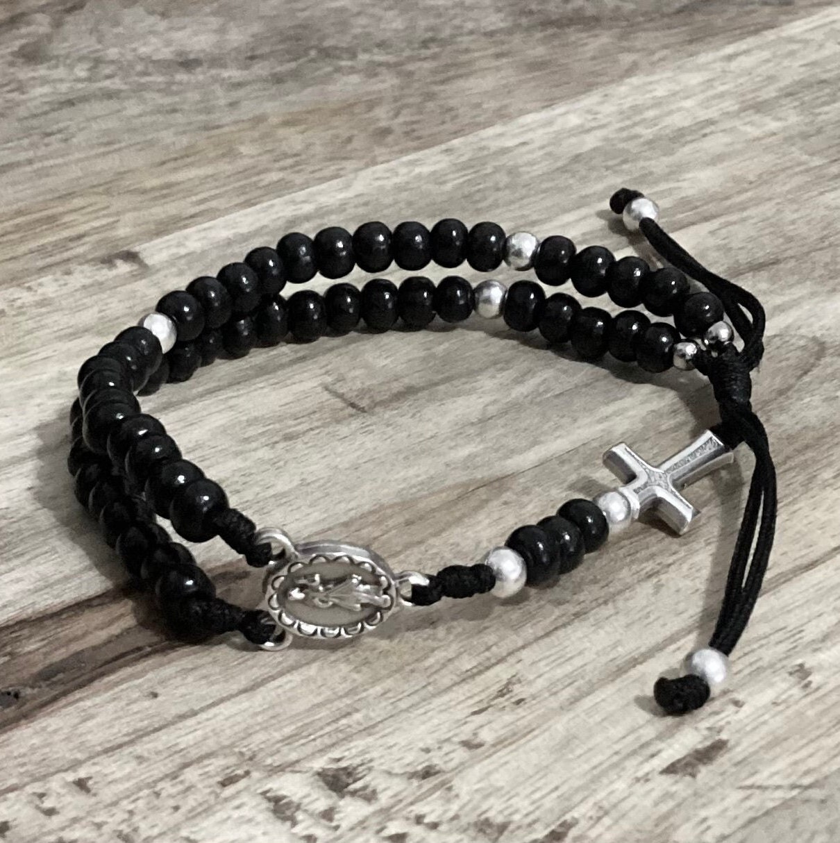 Handmade Rosary Bracelet Tiny Black Wood Beads, Chaplet Rosary