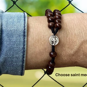 Men&#39;s or boy Catholic rosary bracelet for him, Wood bead rosary,  wooden cross, St Joseph, St Michael, Miraculous medal, St Gerard
