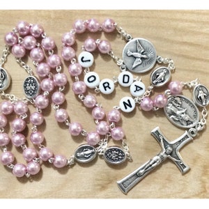 Personalized pearl rosary, pink rosary, womens rosary, lady rosary, pink prayer beads, girls rosary, Baptism girl, handmade rosary
