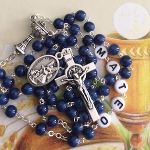 Personalized First Communion Rosary in Dark Blue and Silver Boy - Catholic Baptism, Confirmation Gift - Male Gift Rosary with name