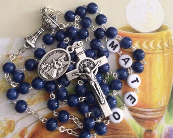 Personalized First Communion Rosary in Dark Blue and Silver Boy - Catholic Baptism, Confirmation Gift - Male Gift Rosary with name