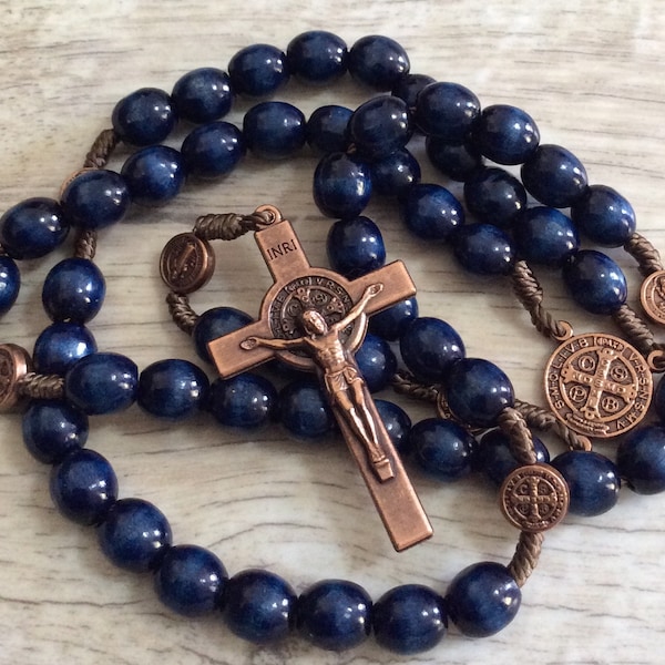 St Benedict Wooden Rosary, Catholic Men Rosary, Catholic Blue Rosary, Mens Rosary, Rosary for man, Prayer Beads, RCIA Gifts