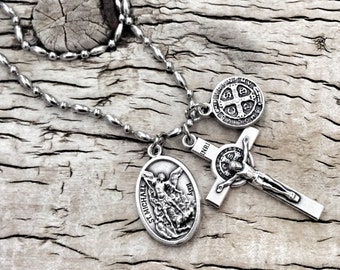 Protection from evil necklace, Catholic Saint Pendant Necklace  Religious Gifts for Him/Her, Catholic Jewelry, St Michael, St benedict cross