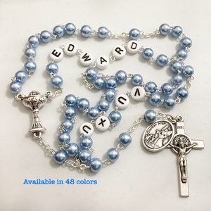 Personalized First Communion Rosary in Blue and Silver Boy - Catholic Baptism, Confirmation Gift - Male Gift Rosary with name