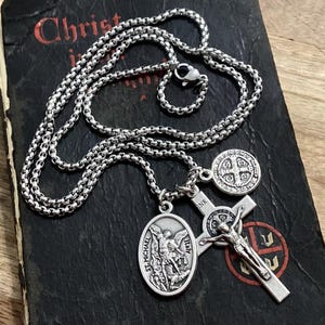 Protection from evil necklace, Catholic Saint Pendant Necklace Religious Gifts for Him/Her, Catholic Jewelry, St Michael, St benedict cross