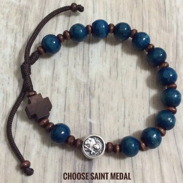 Men's or boy Catholic rosary bracelet for him, Wood bead rosary, wooden cross, St Joseph, St Michael, Miraculous medal, St Gerard