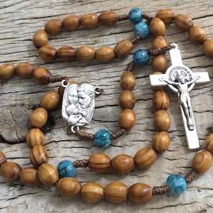 Saint Joseph Holy Family Wood Bead Rosary with St Benedict Crucifix, Catholic Rosary, Prayer Beads, Rosary for Men