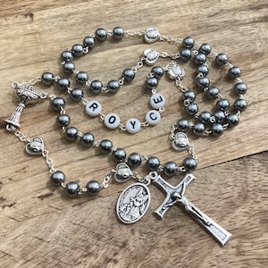Personalized First Communion Rosary in Dark Blue and Silver Boy - Catholic Baptism, Confirmation Gift - Male Gift Rosary with name