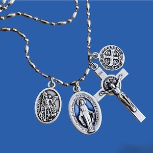 Protection from evil necklace, Catholic Saint Pendant Necklace, Blue Miraculous medal, Catholic Jewelry, St Michael, St benedict cros