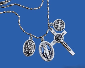 Protection from evil necklace, Catholic Saint Pendant Necklace, Blue Miraculous medal, Catholic Jewelry, St Michael, St benedict cros