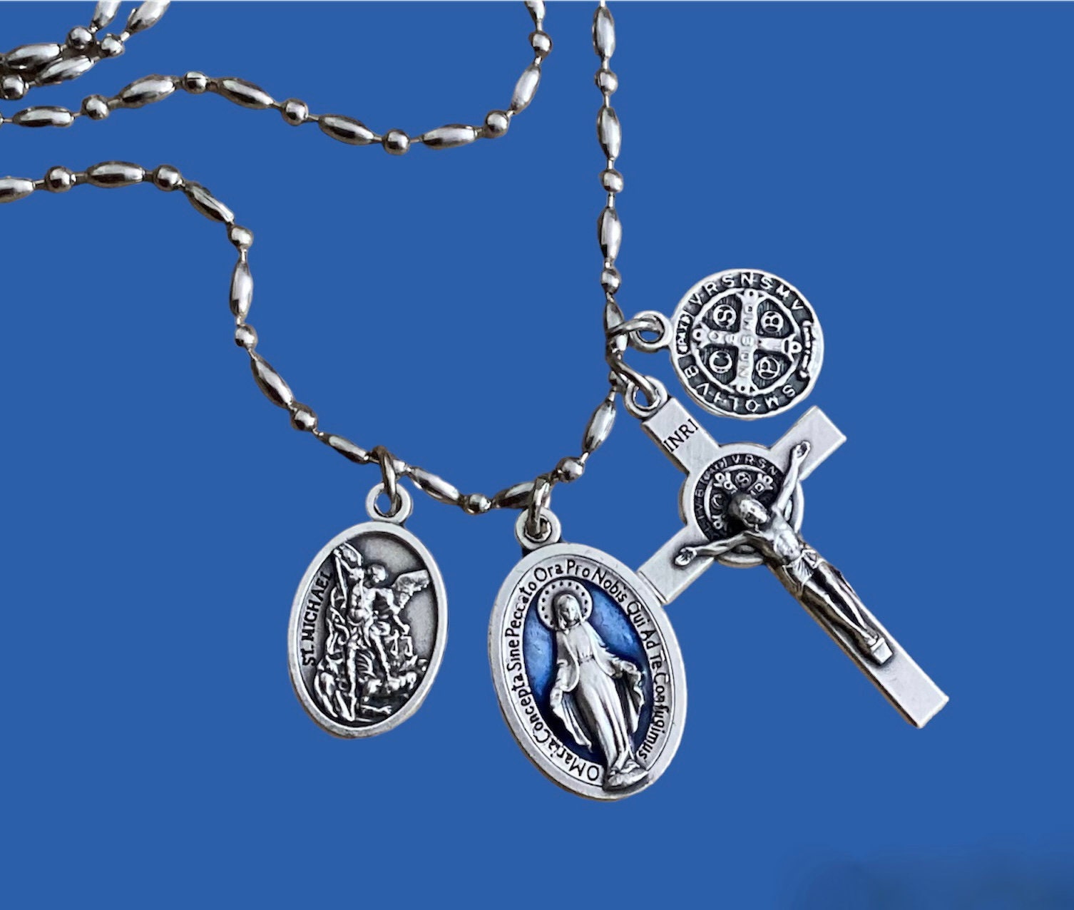 Protection from evil necklace, Catholic Saint Pendant Necklace, Blue Miraculous medal, Catholic Jewelry, St Michael, St benedict cros