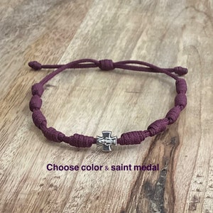 Knotted Cord Rosary Bracelet, Prayer Bracelet, Rosary Bracelet, St Benedict, Padre Pio, Cross Bracelet, Christian Bracelet, Perpetual help