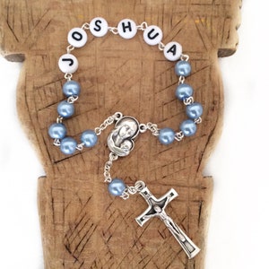 Personalized rosary, Rosary with name, Baby blue - Baptism, First Communion boy, Mini rosary for boy, Rosary favors, Communion favors,