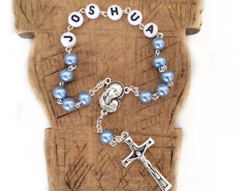 Personalized rosary, Rosary with name, Baby blue - Baptism, First Communion boy, Mini rosary for boy, Rosary favors, Communion favors,