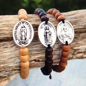 Patron Saint Medal Wooden Beads Handmade Catholic Bracelet Men Women - St Joseph, St Gerard, St Jude, St Sebastian, St Michael, St Peter