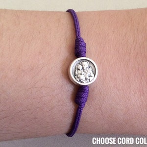 Braccialetto con cordino regolabile con ciondolo reversibile con medaglia di San Giuseppe/Sacra Famiglia, bracciale con cordino per uomo, donna e bambino, medaglia di santo cattolico, San Giuseppe